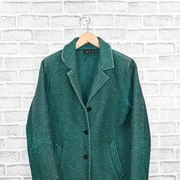 Agnes b. Paris Women's 3 Button wool Long Coat in Green tweed sz 3 - Picture 6 of 8